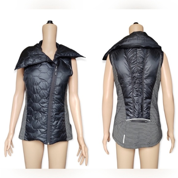 Mondetta Black Puffer Vest Asymmetrical Collar Gray Stripes Yoga Running small - Picture 1 of 6